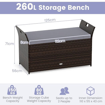 Outdoor-Aufbewahrungsbank, PE-Rattan-Geflecht, 260 L