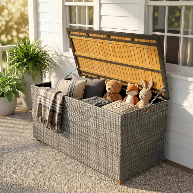 Zahradní úložný box 450L, vodotěsný ratan, dřevěné víko