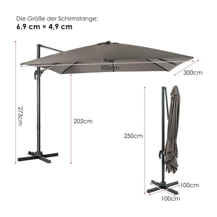 Sonnenschirm, 300x300 cm, Grau, 360° drehbar