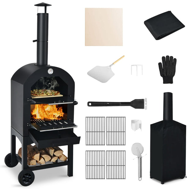 Holzofen-Pizzaofen für den Außenbereich mit Rädern und Thermometer