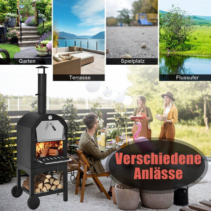 Holzofen-Pizzaofen für den Außenbereich mit Rädern und Thermometer