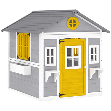Outdoor Wooden Kids Playhouse, 6 Windows, 2 Flower Boxes, Grey