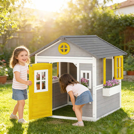 Outdoor Wooden Kids Playhouse, 6 Windows, 2 Flower Boxes, Grey