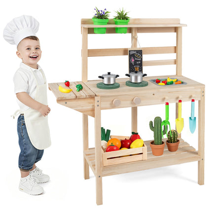 Holz-Matschküche für draußen – Spüle, Herd, Kreidetafel