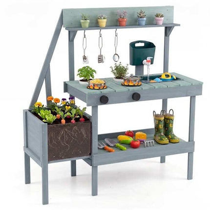 Outdoor Wooden Mud Kitchen with Sink, Planter & Stoves