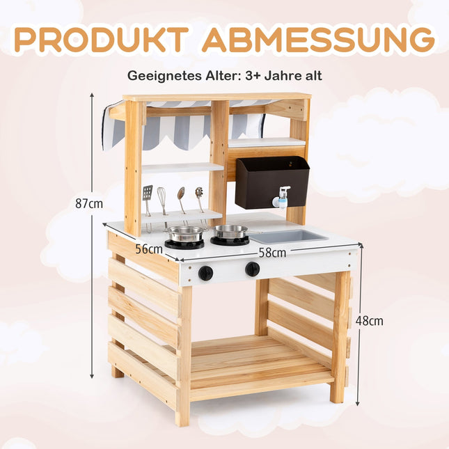 Matschküche aus Holz für draußen mit Wasserfunktion, 2-in-1 Spielset