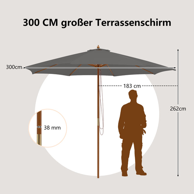 Holz-Gartenschirm, 300 cm, höhenverstellbar