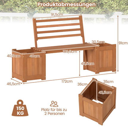 Outdoor-Sitzbank aus Holz mit Rückenlehne und 2 Pflanzkästen