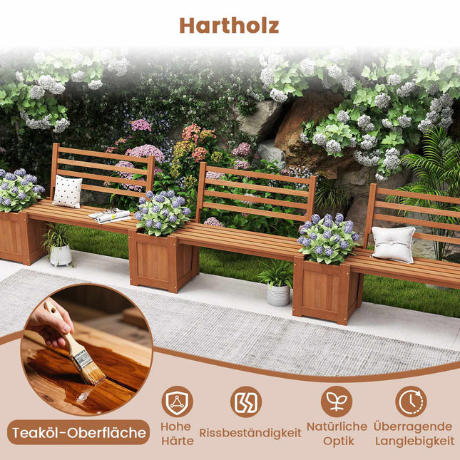 Outdoor Wooden Planter Bench with Backrest and 2 Boxes