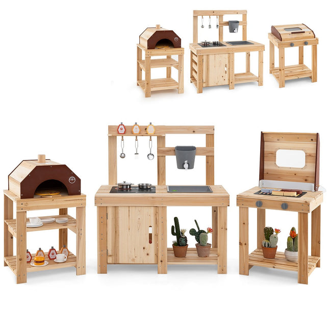 Outdoor-Spielküchen-Set aus Holz – Matschküche, Grill, Pizzaofen