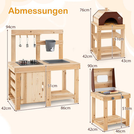 Outdoor Wooden Play Kitchen Set – Mud Kitchen, Grill, Pizza Oven