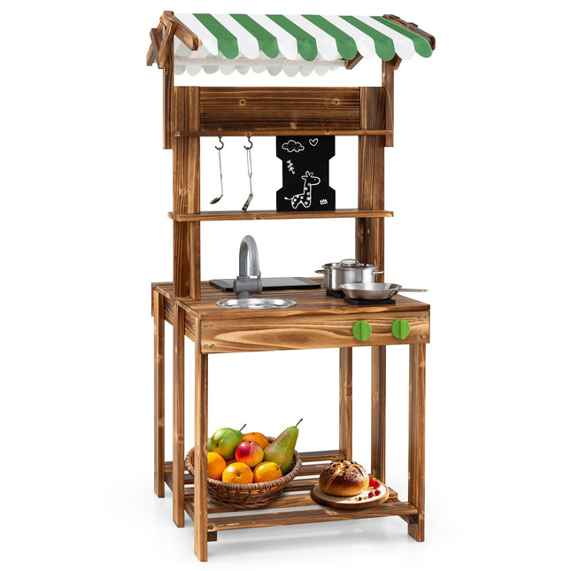 Spielküche aus Holz für draußen mit Spüle und Tafel