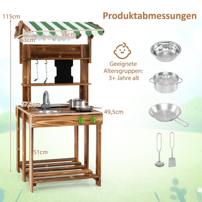 Spielküche aus Holz für draußen mit Spüle und Tafel