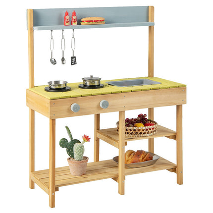 Outdoor Wooden Play Kitchen with Sink and Hooks