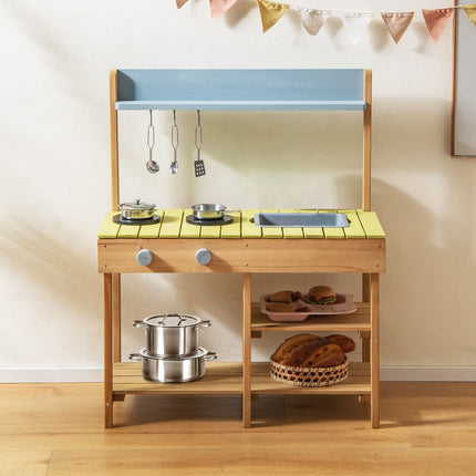 Outdoor Wooden Play Kitchen with Sink and Hooks