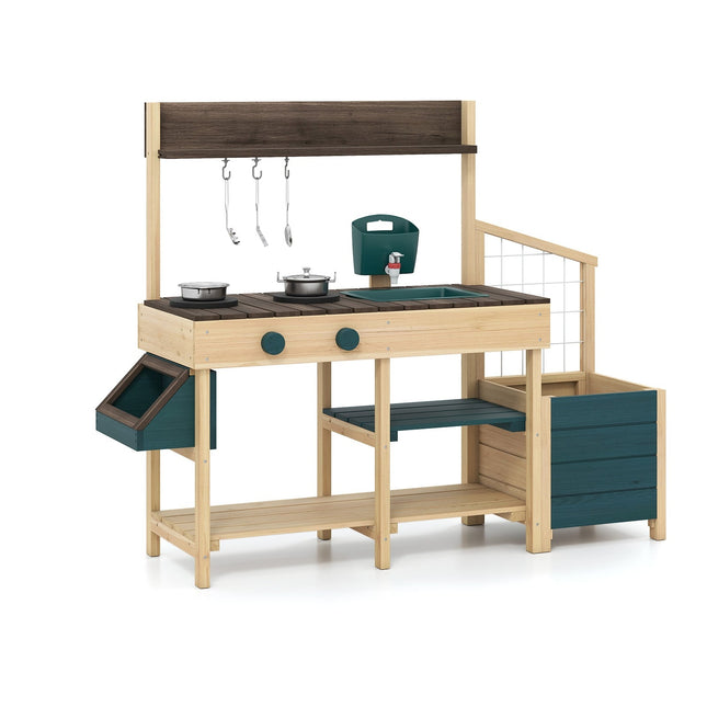 Outdoor-Holzspielküche mit Spüle und Pflanzkasten