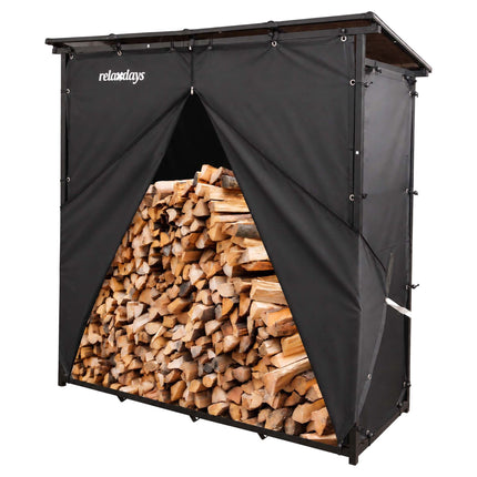 Outdoor XXL Firewood Rack with Roof and Protective Cover, Steel, Black