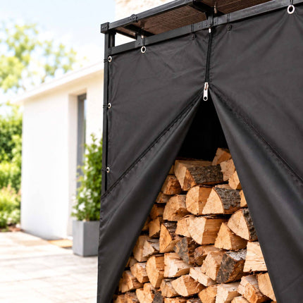Outdoor XXL Firewood Rack with Roof and Protective Cover, Steel, Black