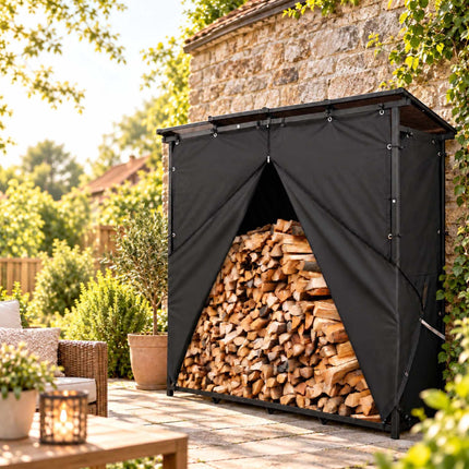 Outdoor XXL Firewood Rack with Roof and Protective Cover, Steel, Black