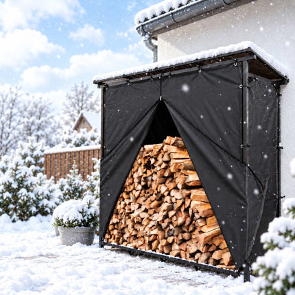 Outdoor XXL Firewood Rack with Roof and Protective Cover, Steel, Black