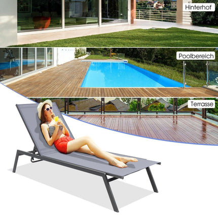 Outdoor adjustable deck chair with flat lying position and quick-drying fabric