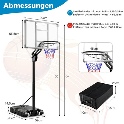 Outdoor basketball hoop 135/143-305 cm height-adjustable basketball stand with 2 wheels