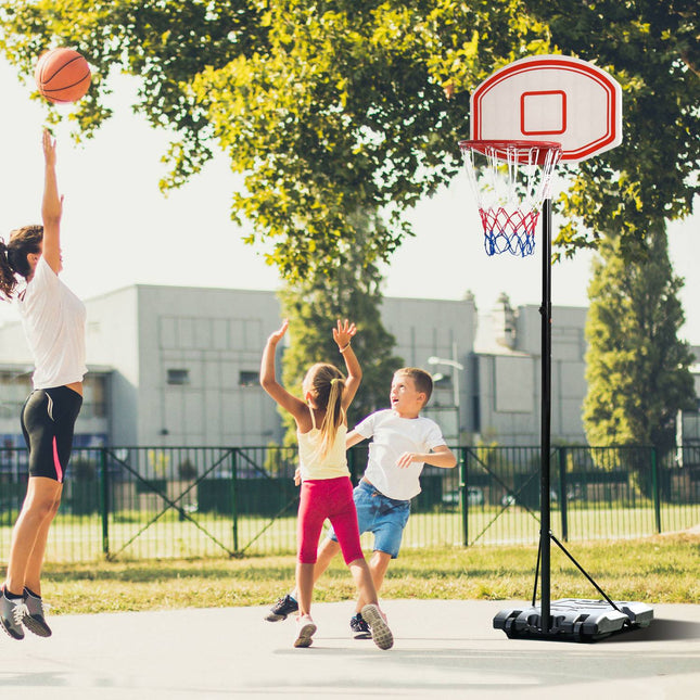 Outdoor basketbalring verstelbaar draagbaar in hoogte verstelbare mand 212-250 cm onderstel met wielen metalen palen zwart wit |