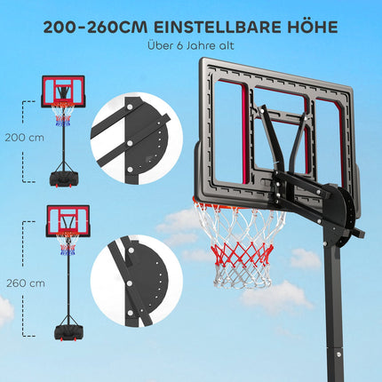 Panier de basket extérieur pour enfants, 200-260 cm, support de basket réglable en hauteur avec roulettes, sac de lestage, système de basket avec support pour enfants à partir de 6 ans, rouge