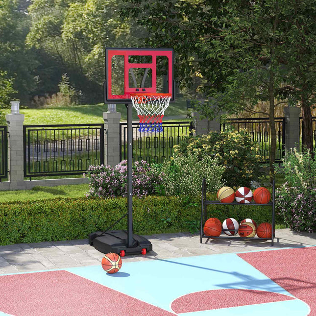 Outdoor basketbalring voor kinderen, 200-260 cm, in hoogte verstelbare basketbalstandaard met wielen, gewichtszak, basketbalsysteem met standaard voor kinderen vanaf 6 jaar, rood
