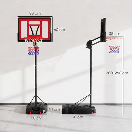 Panier de basket extérieur pour enfants, 200-260 cm, support de basket réglable en hauteur avec roulettes, sac de lestage, système de basket avec support pour enfants à partir de 6 ans, rouge