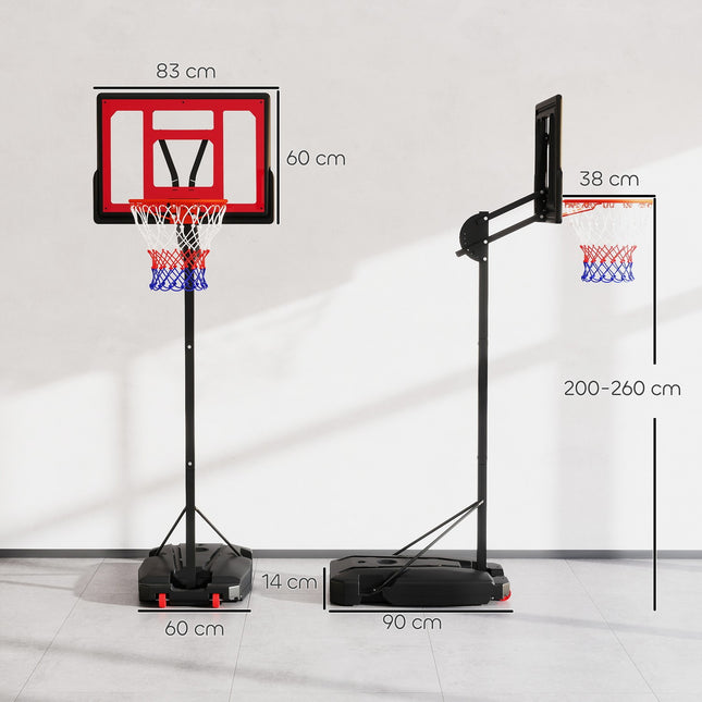 Outdoor basketbalring voor kinderen, 200-260 cm, in hoogte verstelbare basketbalstandaard met wielen, gewichtszak, basketbalsysteem met standaard voor kinderen vanaf 6 jaar, rood