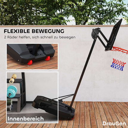 Panier de basket extérieur pour enfants, 200-260 cm, support de basket réglable en hauteur avec roulettes, sac de lestage, système de basket avec support pour enfants à partir de 6 ans, rouge