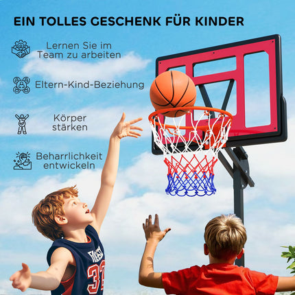 Panier de basket extérieur pour enfants, 200-260 cm, support de basket réglable en hauteur avec roulettes, sac de lestage, système de basket avec support pour enfants à partir de 6 ans, rouge