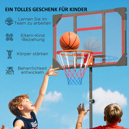 Outdoor basketbalring voor kinderen, 210-260 cm in hoogte verstelbare basketbalstandaard op wielen, basketbalsysteem met standaard voor kinderen vanaf 6 jaar, rood