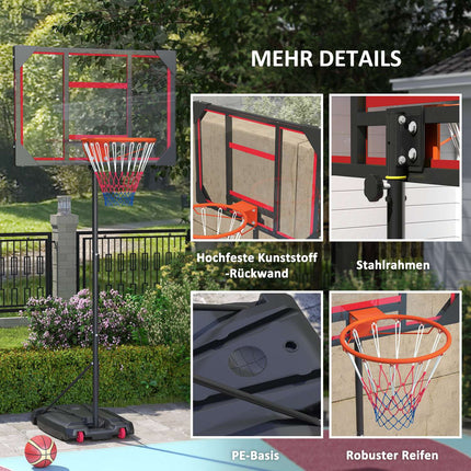 Outdoor basketbalring voor kinderen, 210-260 cm in hoogte verstelbare basketbalstandaard op wielen, basketbalsysteem met standaard voor kinderen vanaf 6 jaar, rood