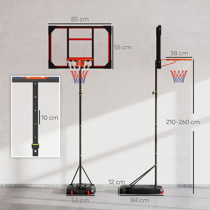 Outdoor basketbalring voor kinderen, 210-260 cm in hoogte verstelbare basketbalstandaard op wielen, basketbalsysteem met standaard voor kinderen vanaf 6 jaar, rood
