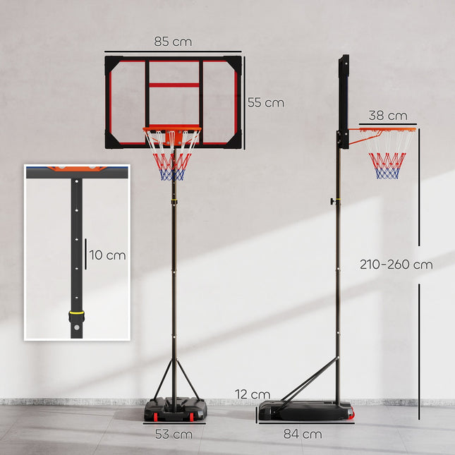 Outdoor basketbalring voor kinderen, 210-260 cm in hoogte verstelbare basketbalstandaard op wielen, basketbalsysteem met standaard voor kinderen vanaf 6 jaar, rood