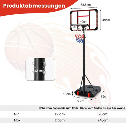 Outdoor Basketballkorb mit Ständer 155-210cm höhenverstellbar Basketballständer Schwarz