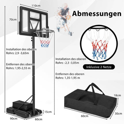Panier de basket extérieur avec support et filets 135-305 cm support de basket réglable en hauteur