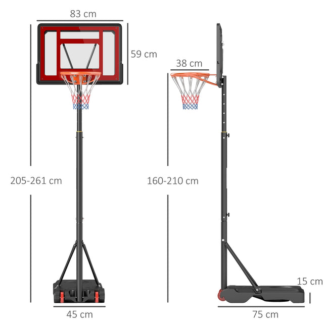 Outdoor basketbalstandaard met wielen, 160-210 cm in hoogte verstelbaar Basketbalring met standaard, 83x59cm achterwand, voor tieners in achtertuinen, tuinen, garages