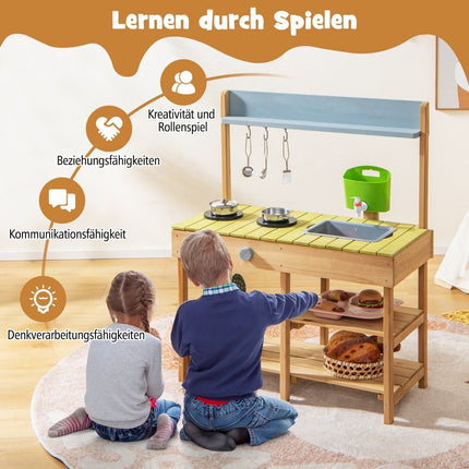 Outdoor Kinder Matschküche mit Wasserfunktion &amp; Haken &amp; abnehmbarem Regal Spielküche