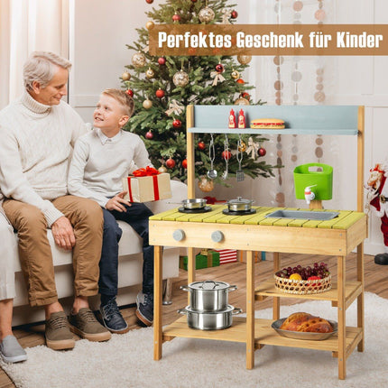 Outdoor Kinder Matschküche mit Wasserfunktion &amp; Haken &amp; abnehmbarem Regal Spielküche