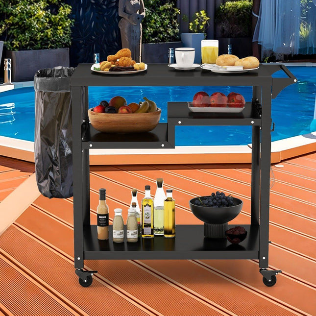 Outdoor-Grillwagen mit drei Ablagen, 4 feststellbaren Rädern, Haken und seitlichem Griff, schwarz