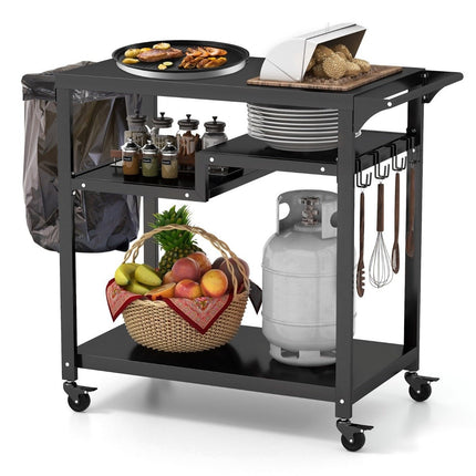 Chariot de barbecue extérieur avec trois étagères, 4 roues verrouillables, crochet et poignée latérale, noir