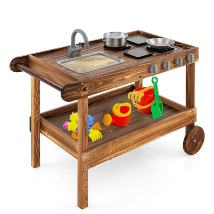 Cuisine de jeu extérieure avec 2 roues et 1 poignée de poussée et robinet rotatif et évier amovible en bois de sapin