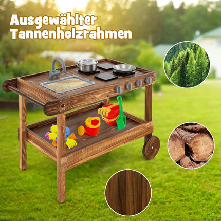 Cuisine de jeu extérieure avec 2 roues et 1 poignée de poussée et robinet rotatif et évier amovible en bois de sapin