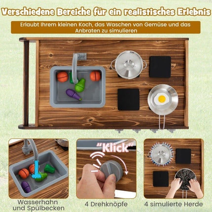 Cuisine de jeu extérieure avec 2 roues et 1 poignée de poussée et robinet rotatif et évier amovible en bois de sapin