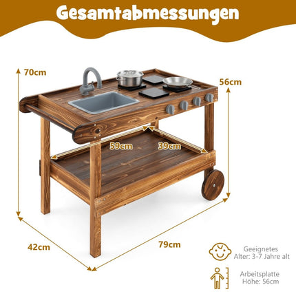 Cuisine de jeu extérieure avec 2 roues et 1 poignée de poussée et robinet rotatif et évier amovible en bois de sapin
