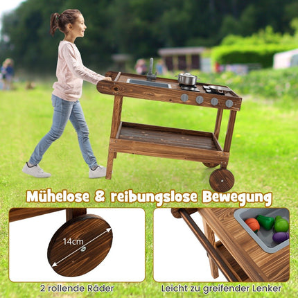 Cuisine de jeu extérieure avec 2 roues et 1 poignée de poussée et robinet rotatif et évier amovible en bois de sapin