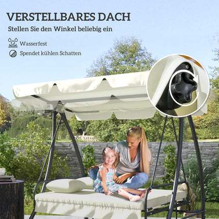 Outsuuny Balancelle Hollywood 2 en 1 avec fonction inclinable, balancelle de jardin 3 places avec pare-soleil réglable, banc de balançoire charge jusqu'à 240 kg, chaise longue de jardin pour jardin, terrasse, 200x125x170 cm, blanc crème Aosom